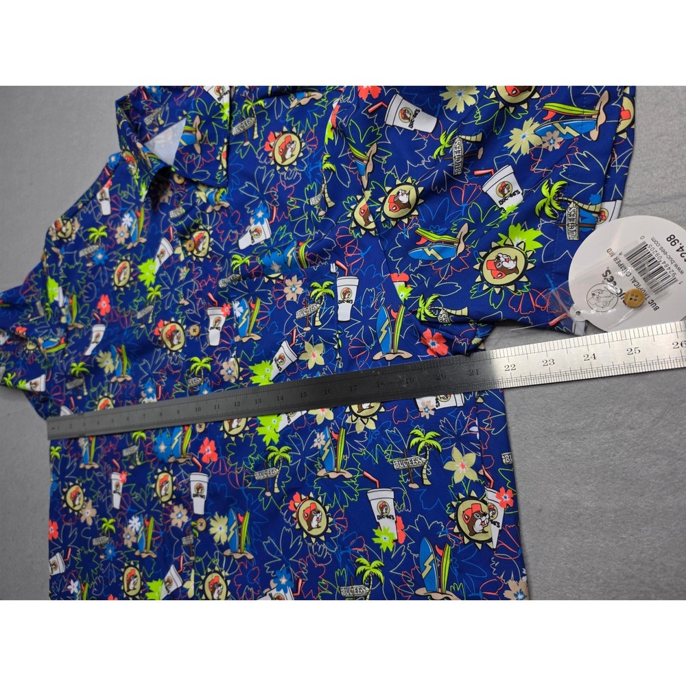 Buc-ees Shirt Men's Medium Blue Allover Print Stretch Short Sleeve Button-Up NWT - Picture 6 of 7